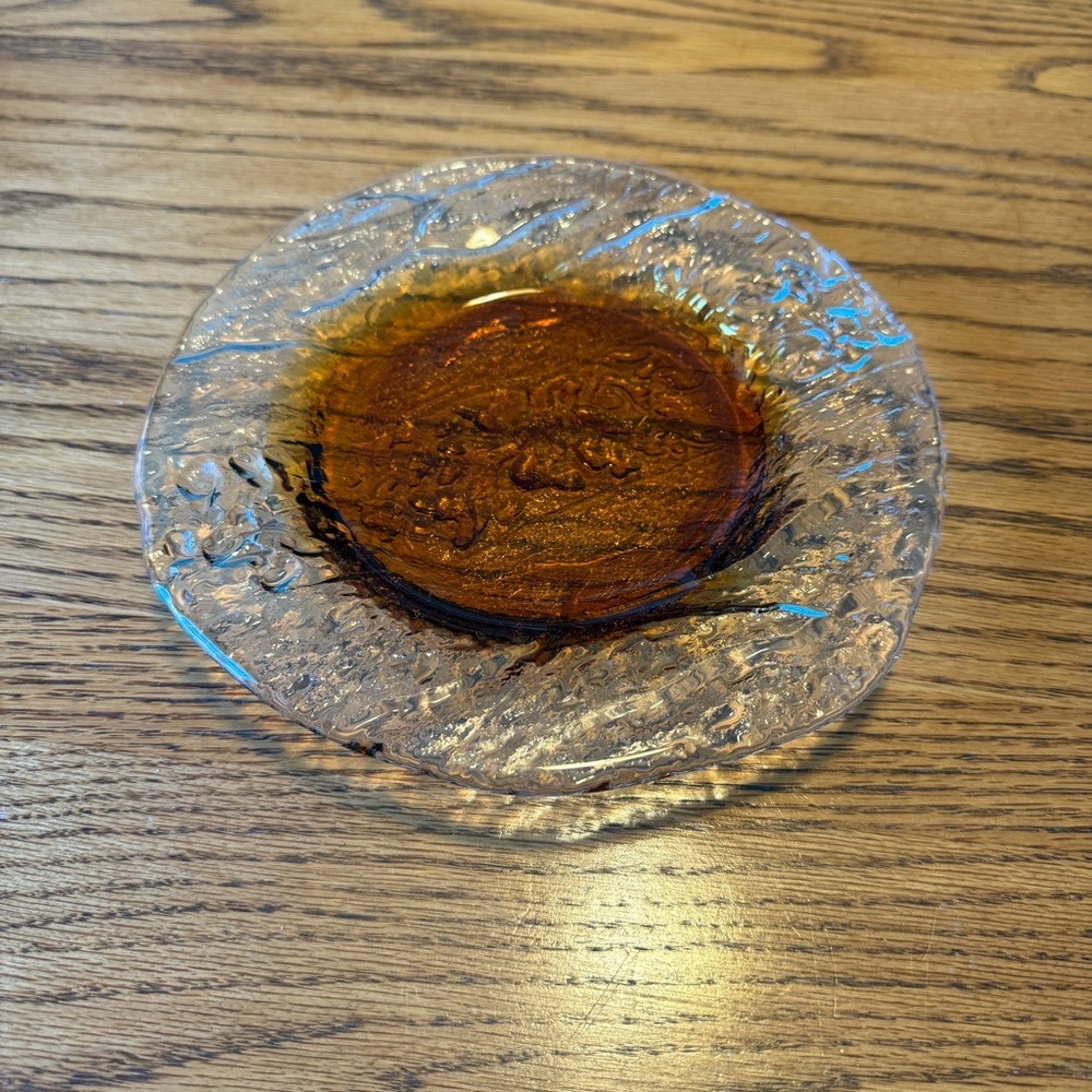 Vintage 1960s DANISH MODERN SWEDISH SCANDO 8.5" ART GLASS PLATE Amber Textured